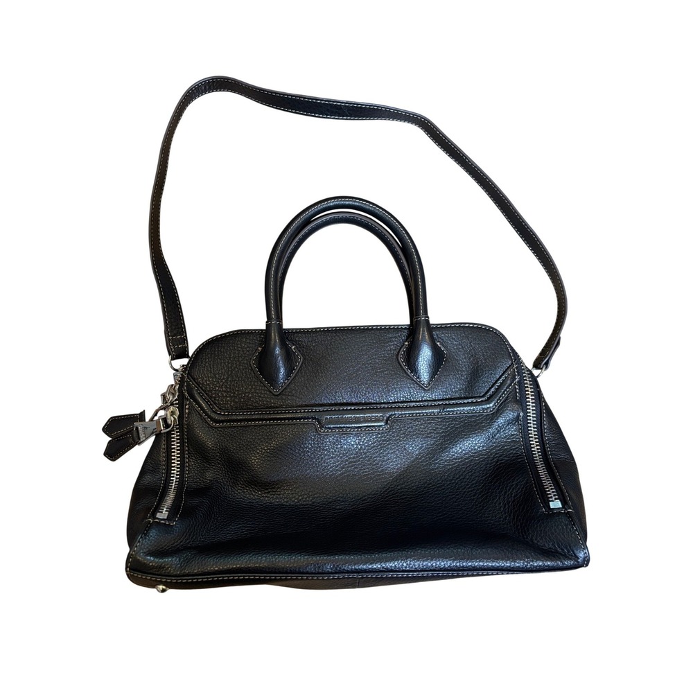 Aimee Kestenberg Black Pebbled Leather Satchel Crossbody Bag Silver Hardware